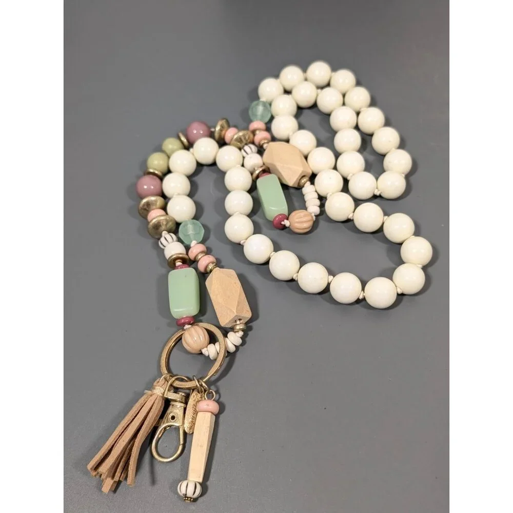Plunder Boho Beaded Tassel‎ ID Badge Holder Cream Green Long Necklace 38 in